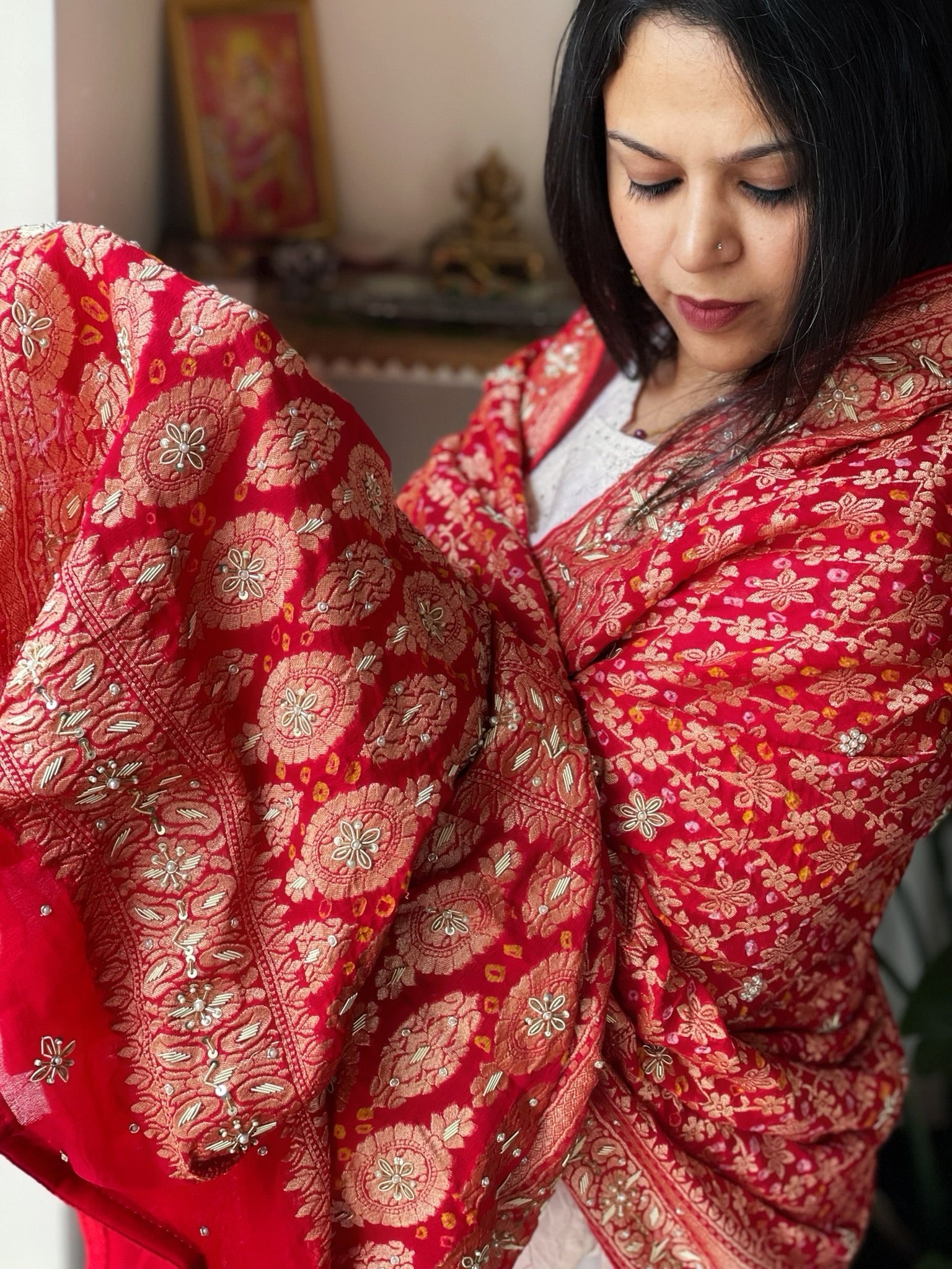 Coral Red Handwoven NeemZari Bareek Bandhani with Dabka Handwork in Pure Georgette - Masakalee