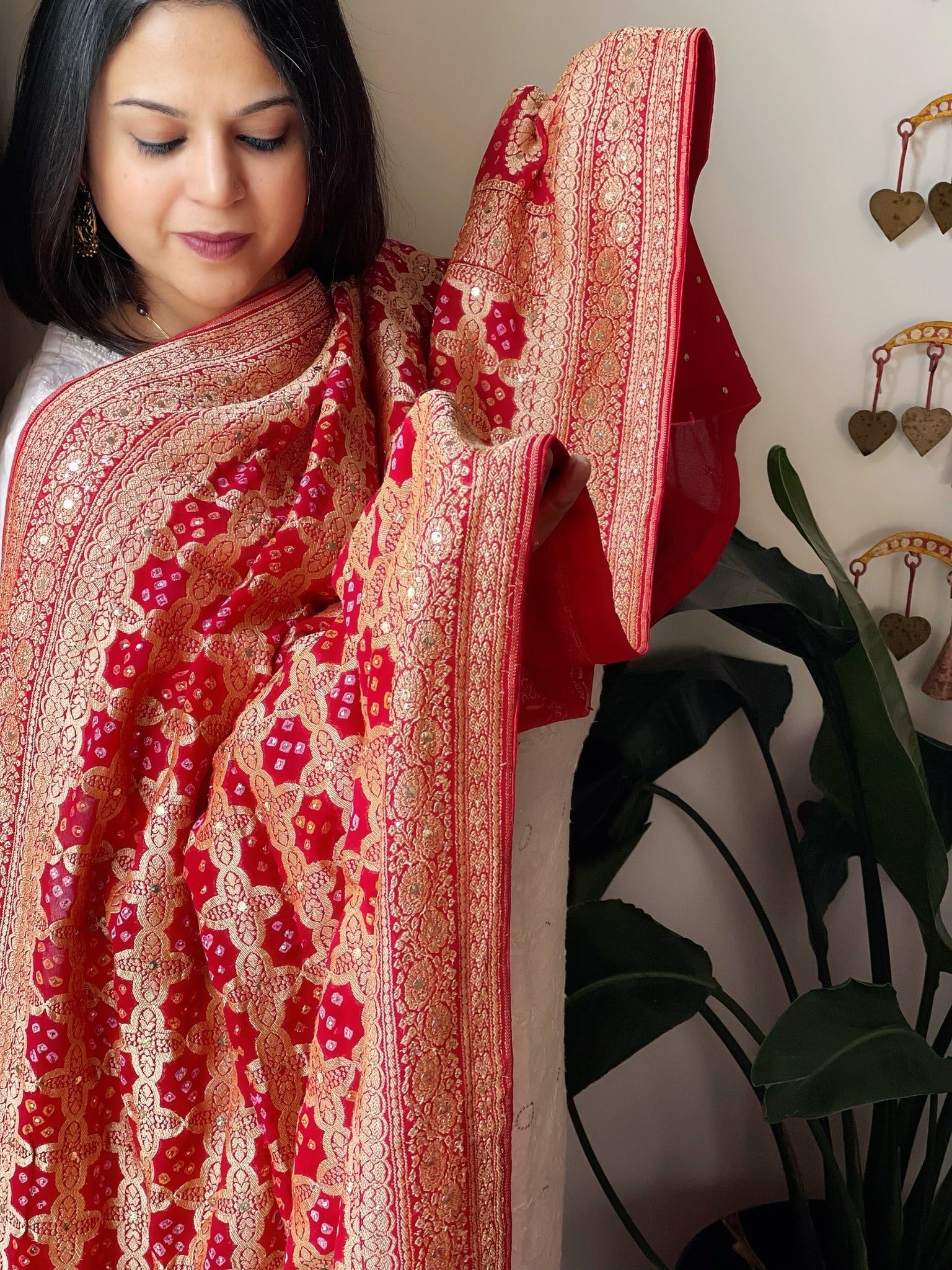 Coral Red Neemzari Bandhani Dupatta with Mukaish Handwork in Georgette - Masakalee