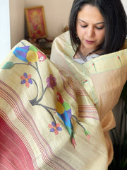 Cream, Carrot Pink Handwoven Paithani Dupatta in Pure Silk - Masakalee