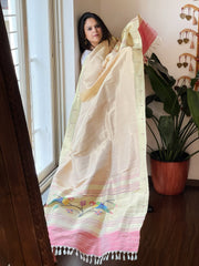 Cream, Carrot Pink Handwoven Paithani Dupatta in Pure Silk - Masakalee