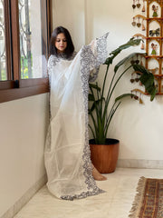 Cream Chanderi Cut Work Dupatta with Black Embroidery - Masakalee