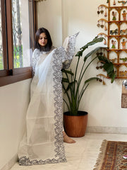 Cream Chanderi Cut Work Dupatta with Black Embroidery - Masakalee