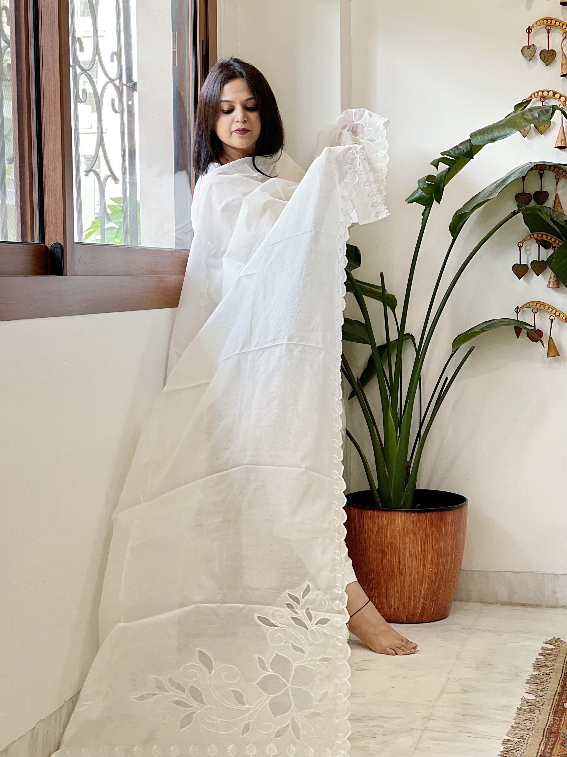 Cream Chanderi Dupatta with Cut Work - Masakalee