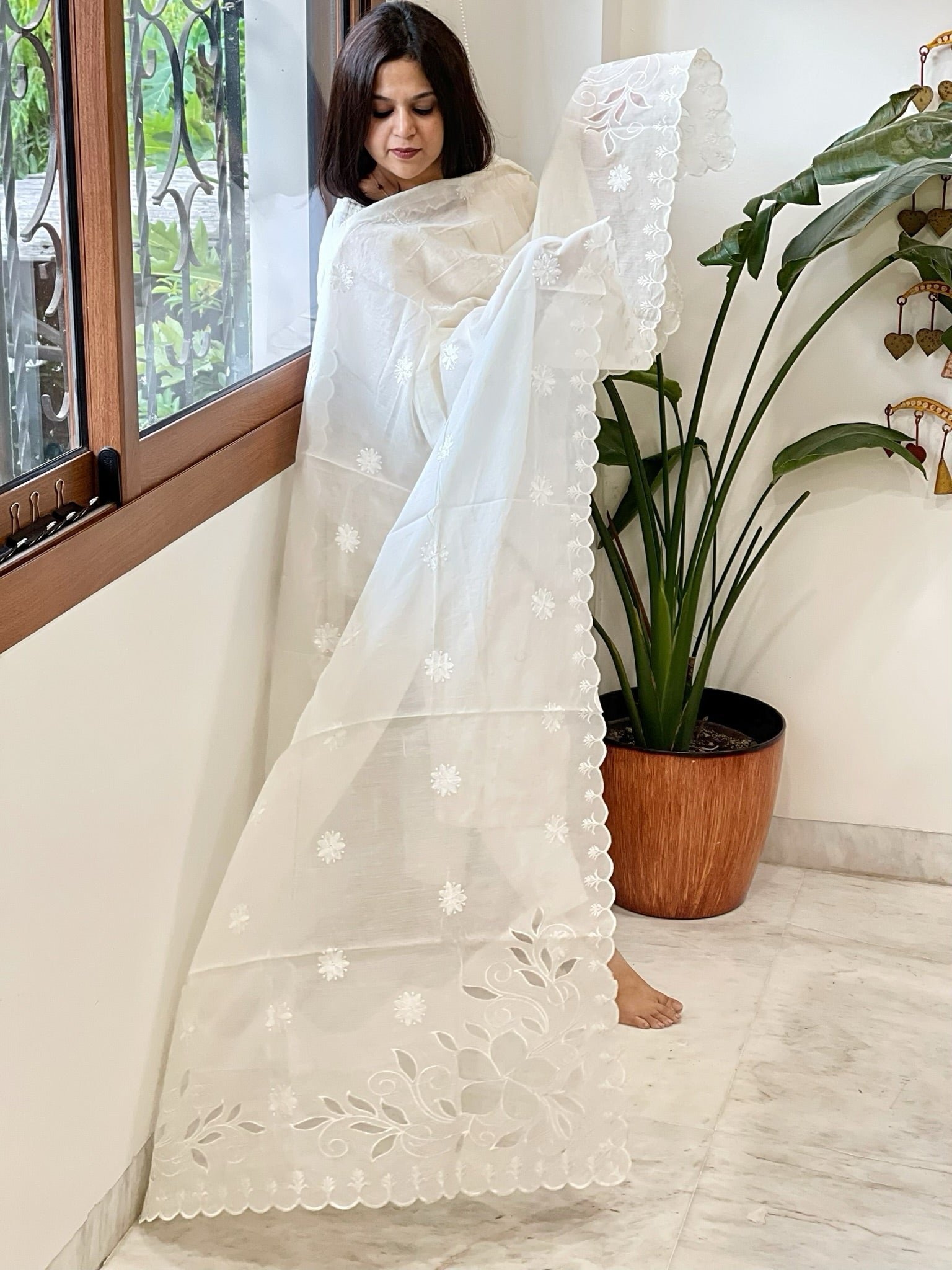 Cream Chanderi Dupatta with Cut Work - Masakalee