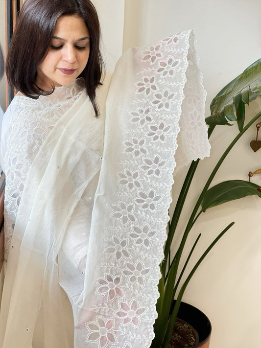 Cream Chanderi Dupatta with Cut Work and Mirror Work - Masakalee