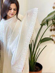 Cream Chanderi Dupatta with Thread Embroidery - Masakalee