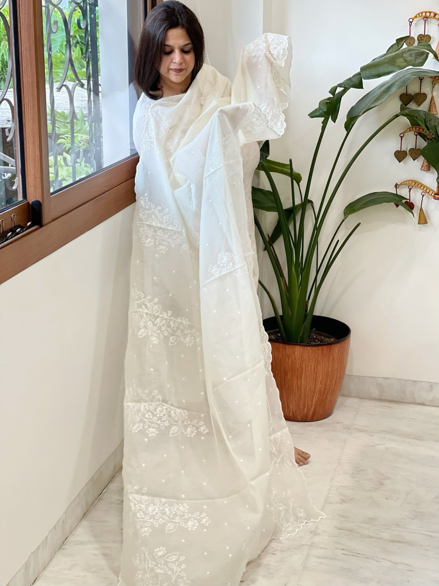 Cream Chanderi Dupatta with Thread Embroidery - Masakalee