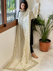 Cream Crepe Dupatta with Mirror and Cut Daana Work with Gota Lace Border - Masakalee