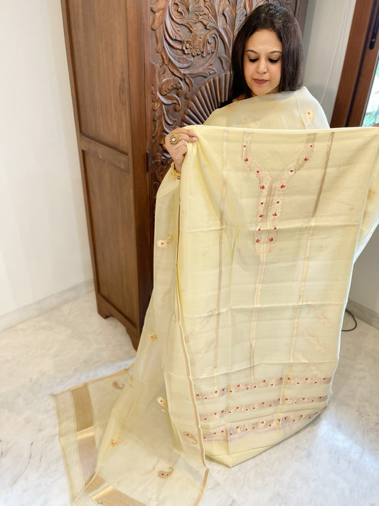 Cream Designer Banarasi Suit Set in Pure Silk - Masakalee