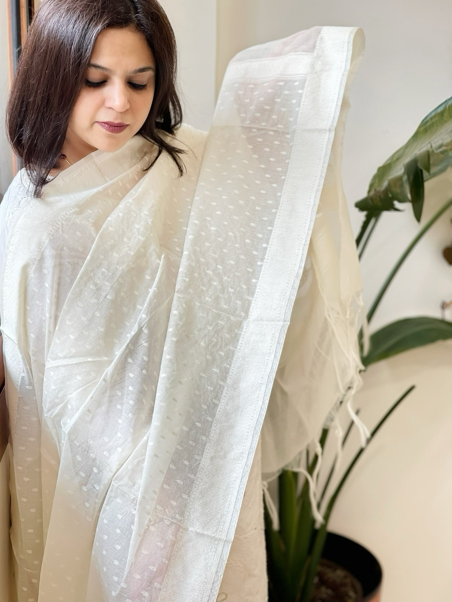 Cream Handwoven Chanderi Dupatta with Self Weaving and Cut Work Pallu - Masakalee