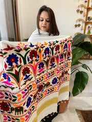 Cream Handwoven Woollen Shawl with Thread and Foil Mirror Handwork - Masakalee