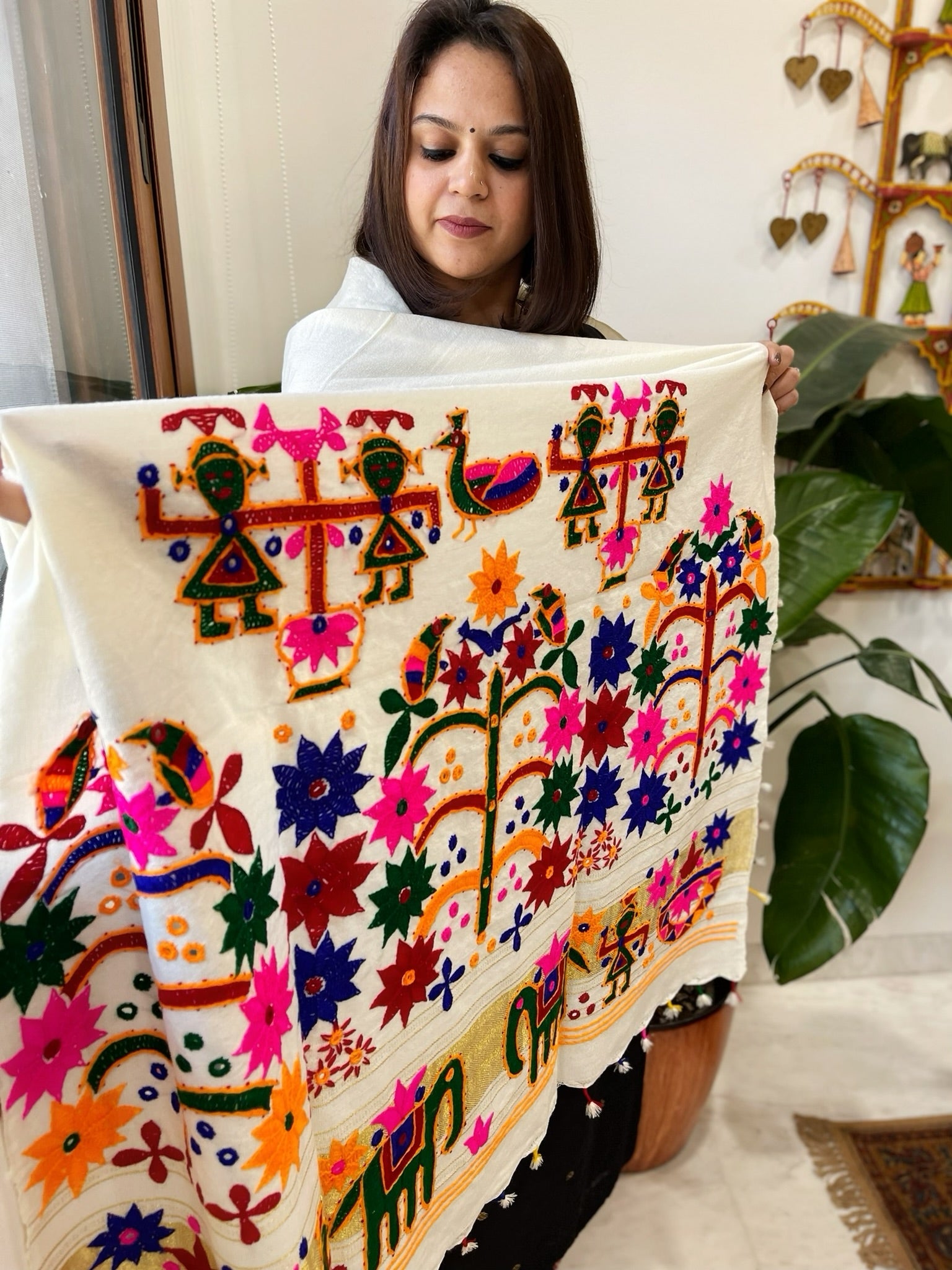 Cream Handwoven Woollen Shawl with Thread and Foil Mirror Handwork - Masakalee