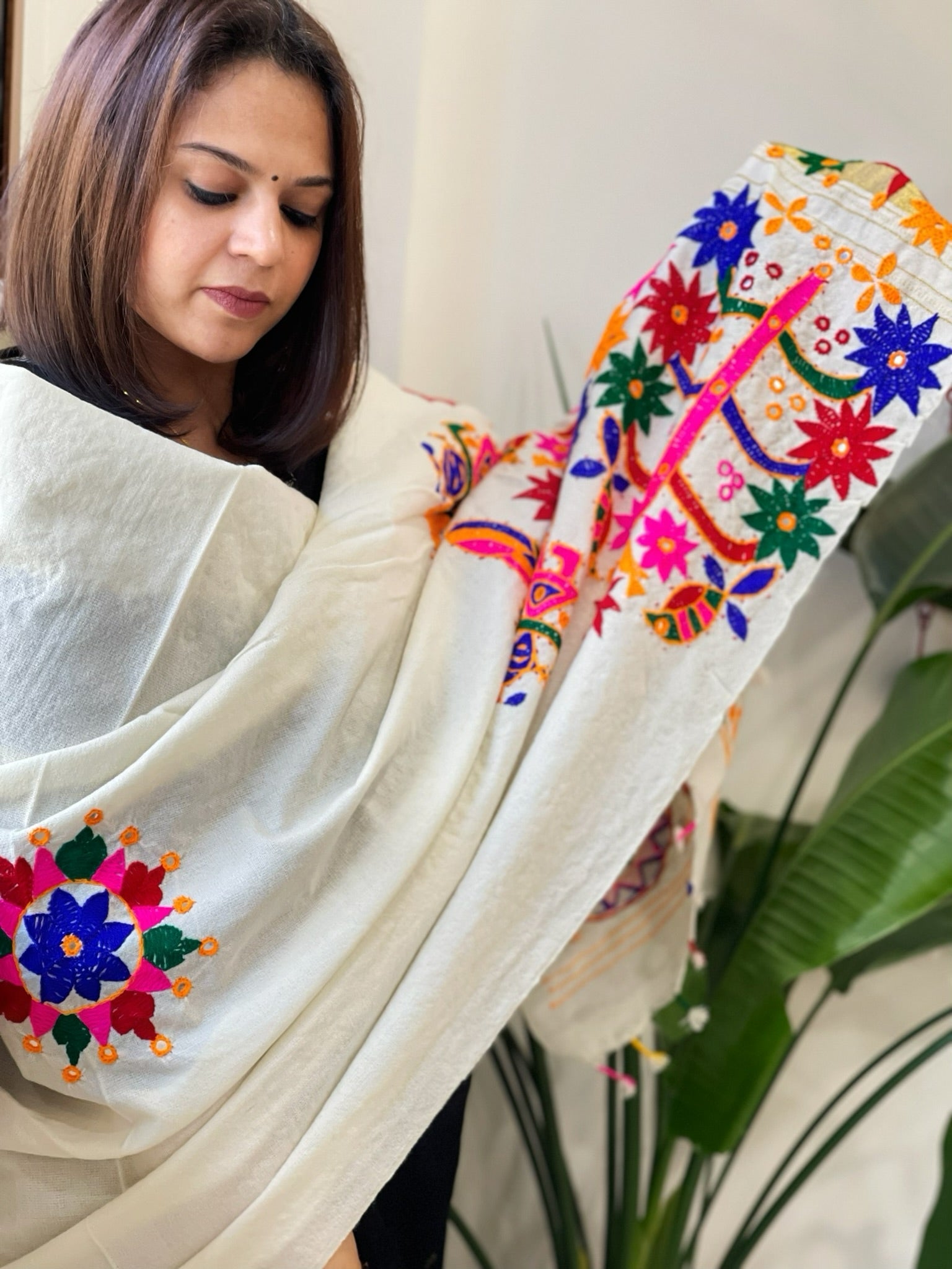 Cream Handwoven Woollen Shawl with Thread and Foil Mirror Handwork - Masakalee