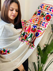 Cream Handwoven Woollen Shawl with Thread and Foil Mirror Handwork - Masakalee