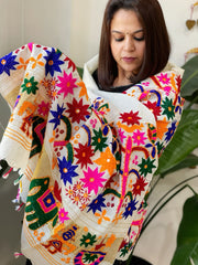 Cream Handwoven Woollen Shawl with Thread and Foil Mirror Handwork - Masakalee