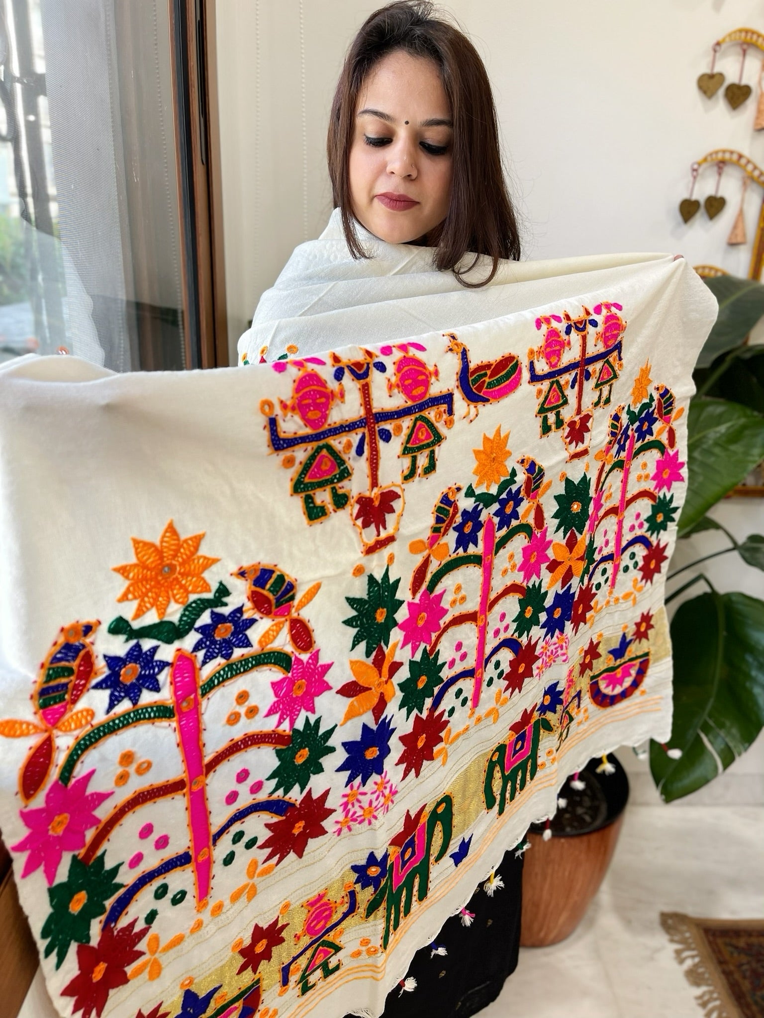 Cream Handwoven Woollen Shawl with Thread and Foil Mirror Handwork - Masakalee