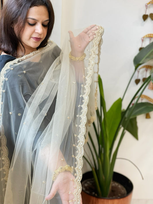 Cream Net Dupatta with Pearl, Sequin and Cut Daana Embroidery - Masakalee