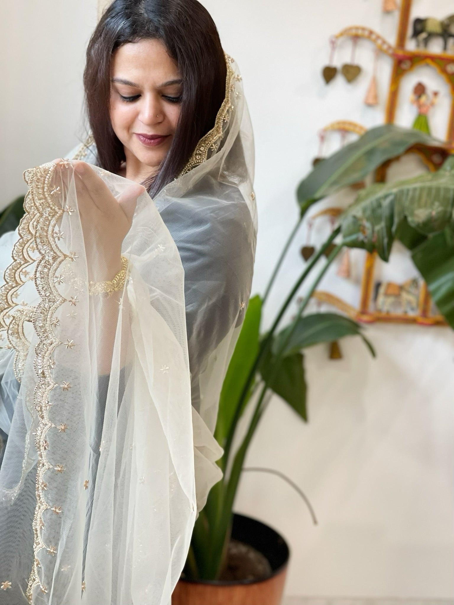 Cream Net Dupatta with Pearl, Sequin and Cut Daana Embroidery - Masakalee