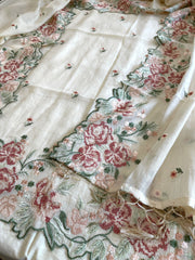 Cream Suit Set with Cross - Stitch Embroidery in Pure Mul Chanderi - Masakalee