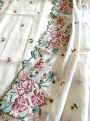 Cream Suit Set with Cross - Stitch Embroidery in Pure Mul Chanderi - Masakalee