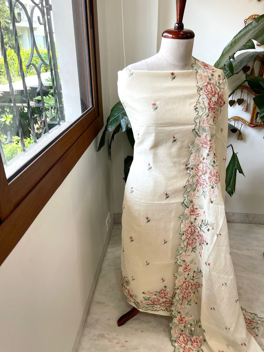 Cream Suit Set with Cross - Stitch Embroidery in Pure Mul Chanderi - Masakalee
