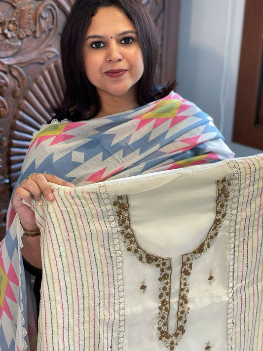 Cream Suit Set with Sequin and Knot handwork in Mul Chanderi - Masakalee