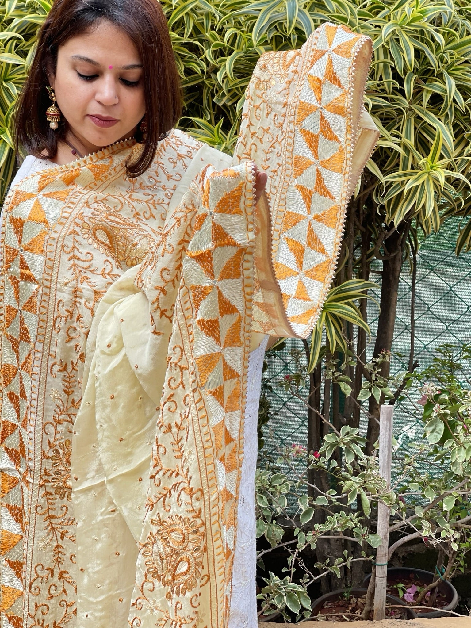 Cream with Lime Tinge Handmade Phulkari Dupatta in Pure Chinon with Gotapatti Handwork - Masakalee