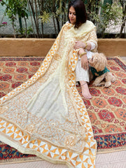 Cream with Lime Tinge Handmade Phulkari Dupatta in Pure Chinon with Gotapatti Handwork - Masakalee