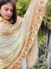 Cream with Lime Tinge Handmade Phulkari Dupatta in Pure Chinon with Gotapatti Handwork - Masakalee