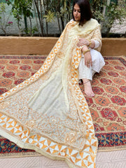 Cream with Lime Tinge Handmade Phulkari Dupatta in Pure Chinon with Gotapatti Handwork - Masakalee