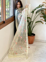 Cream with Lime Tinge Organza Dupatta with Thread Embroidery - Masakalee