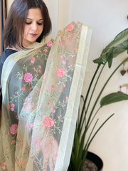 Cream with Lime Tinge Organza Dupatta with Thread Embroidery - Masakalee