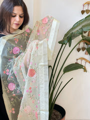Cream with Lime Tinge Organza Dupatta with Thread Embroidery - Masakalee