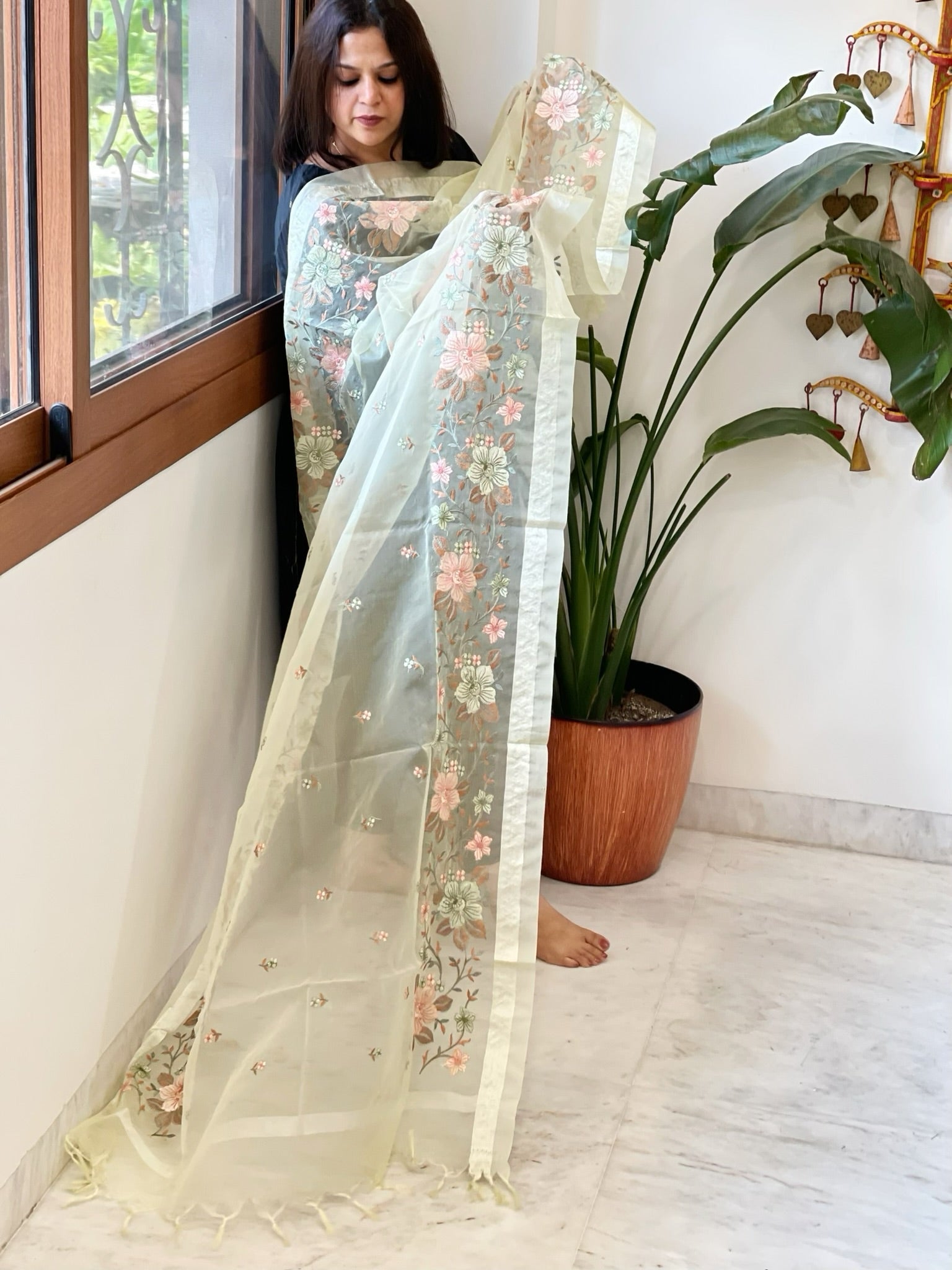 Cream with Lime Tinge Organza Dupatta with Thread Embroidery - Masakalee
