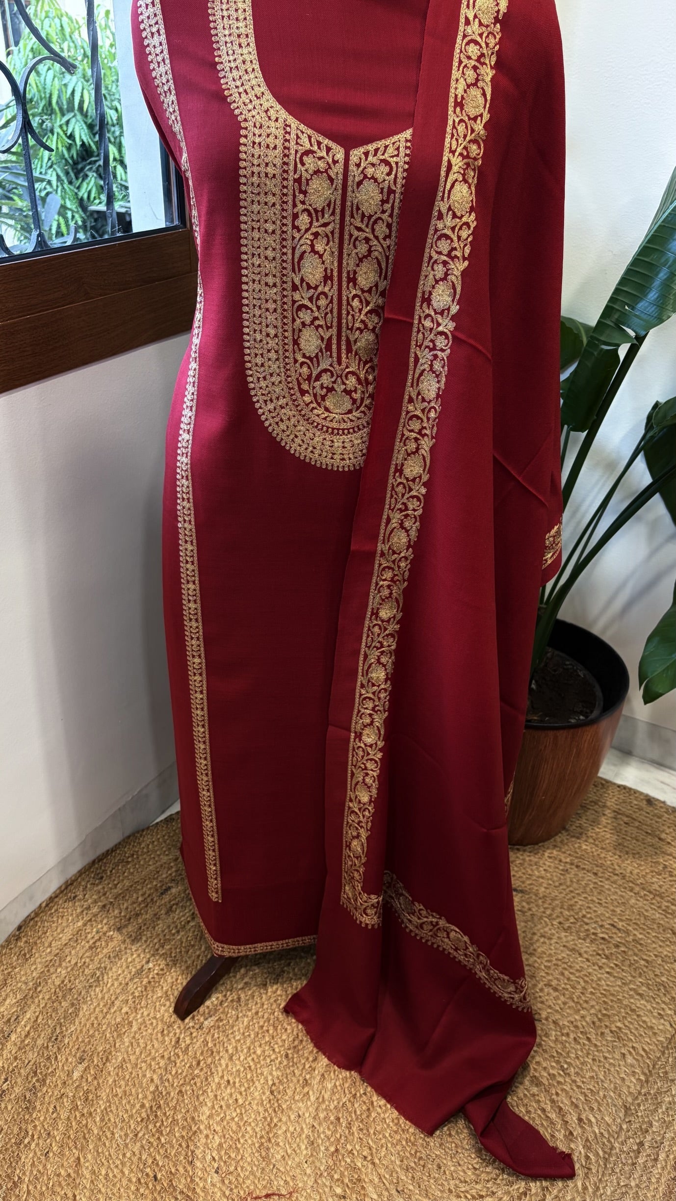 Crimson Red Winter Suit Set with Aari Work in Pashmina Wool - Masakalee