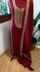 Crimson Red Winter Suit Set with Aari Work in Pashmina Wool - Masakalee