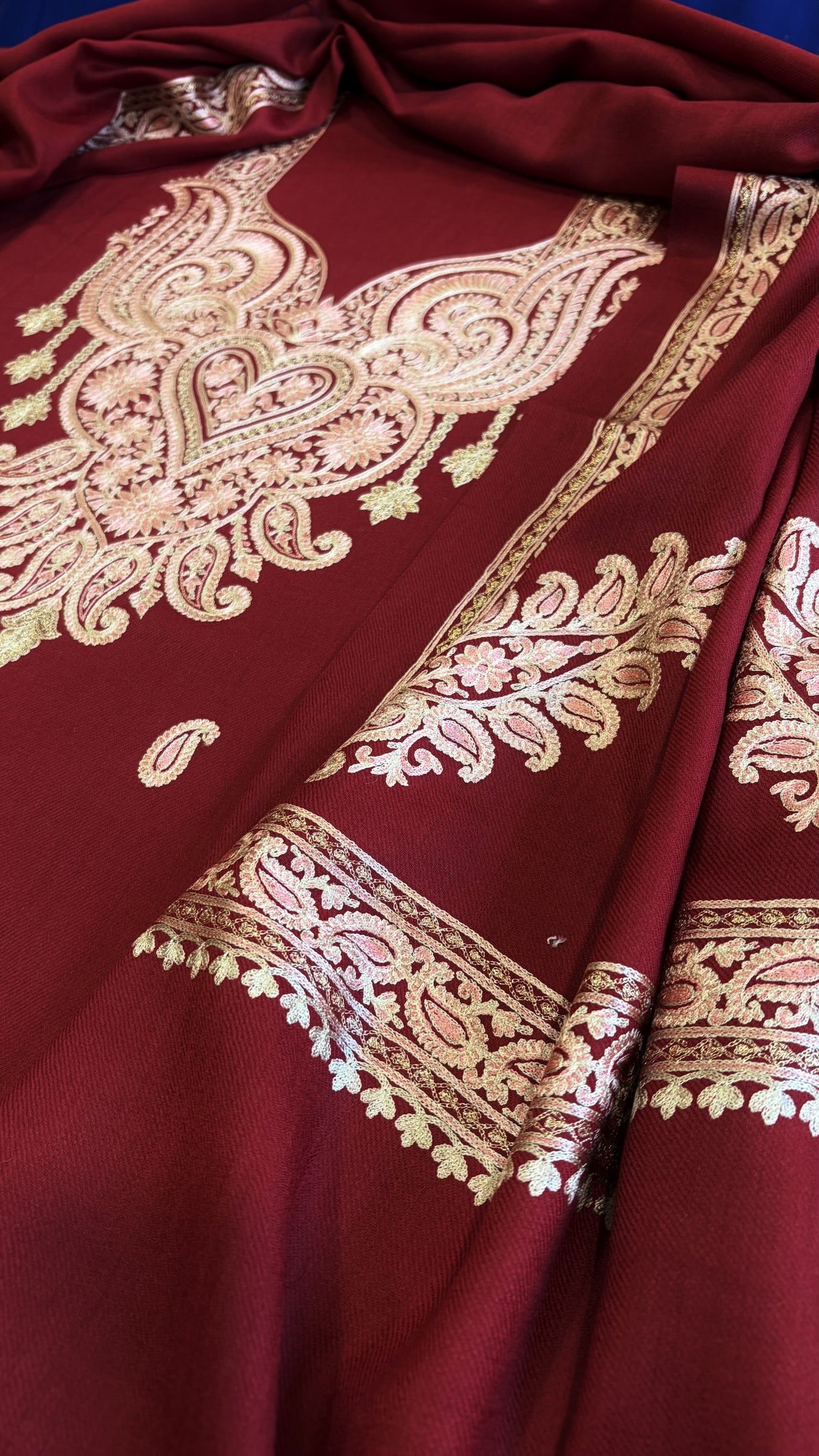 Crimson Red Winter Suit Set with Aari Work in Pashmina Wool - Masakalee