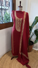 Crimson Red Winter Suit Set with Aari Work in Pashmina Wool - Masakalee