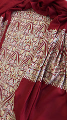 Crimson Red Winter Suit Set with Aari Work in Pashmina Wool - Masakalee
