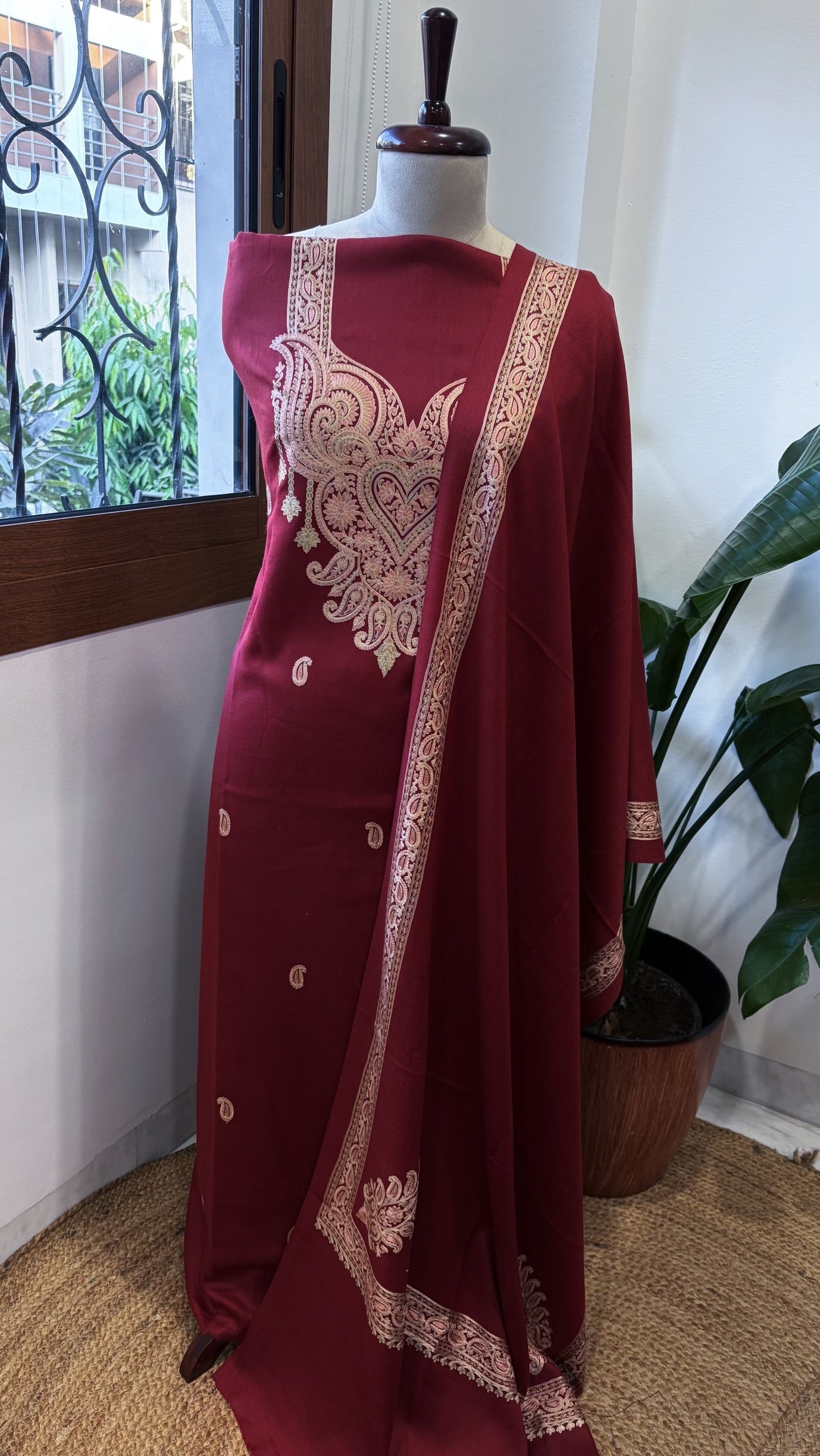 Crimson Red Winter Suit Set with Aari Work in Pashmina Wool - Masakalee