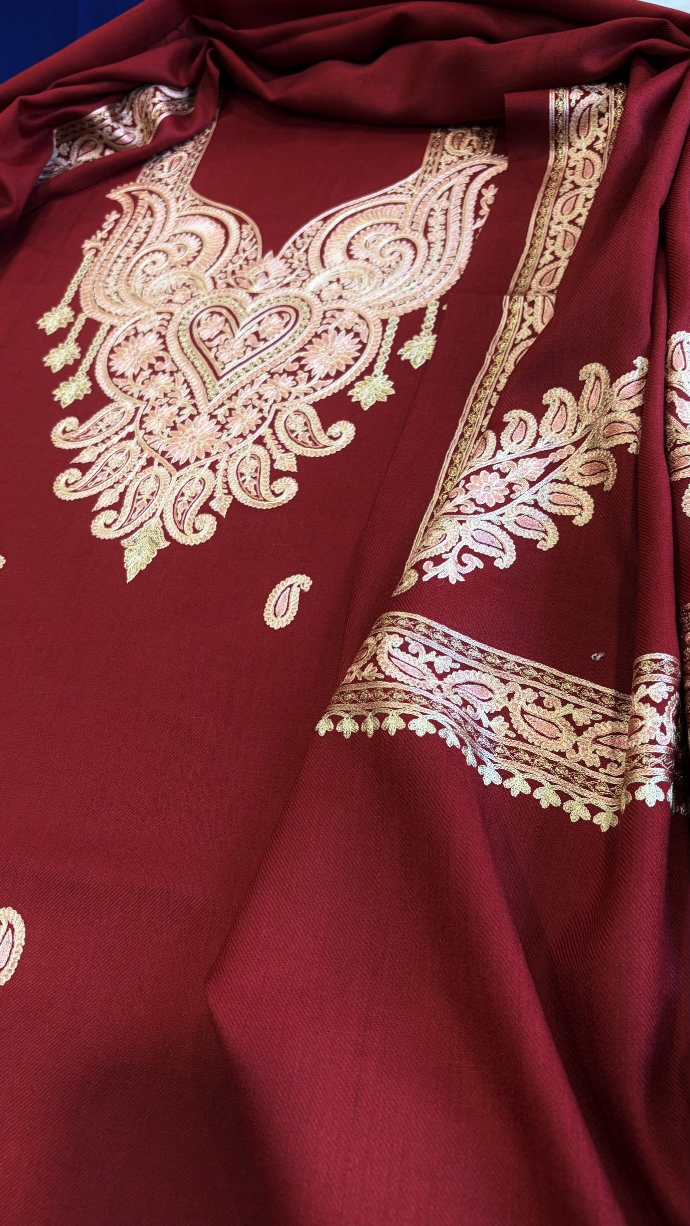 Crimson Red Winter Suit Set with Aari Work in Pashmina Wool - Masakalee