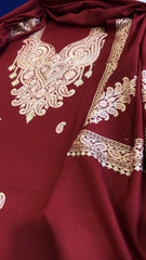 Crimson Red Winter Suit Set with Aari Work in Pashmina Wool - Masakalee