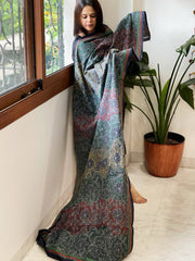 Dark Blue Handmade Reverse Kantha Dupatta in Silk - Masakalee