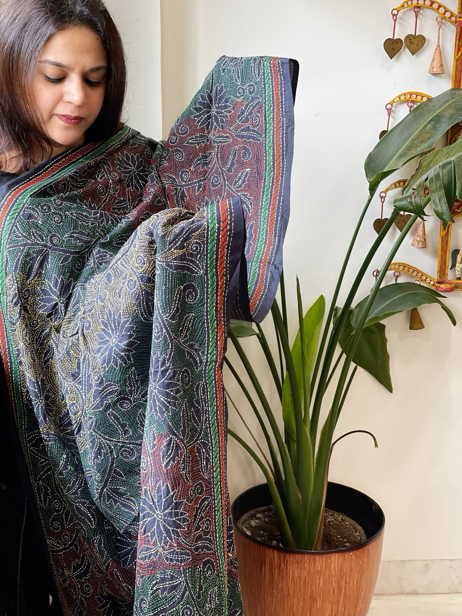 Dark Blue Handmade Reverse Kantha Dupatta in Silk - Masakalee