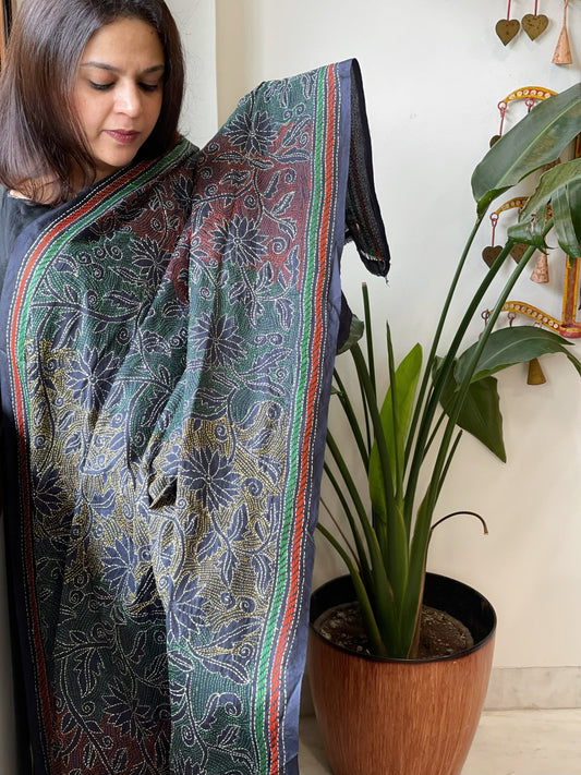 Dark Blue Handmade Reverse Kantha Dupatta in Silk - Masakalee