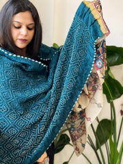 Dark Firozi Rai Bandhej Dupatta with Handpainted Kalamkari Pallu in Pure Muga Silk - Masakalee