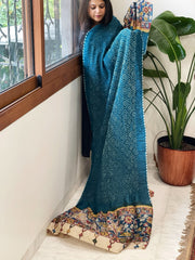 Dark Firozi Rai Bandhej Dupatta with Handpainted Kalamkari Pallu in Pure Muga Silk - Masakalee