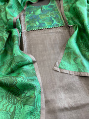 Dark Grey Dupatta Set (Kurta+Dupatta) with Handblock Print in Pure Tussar Silk - Masakalee