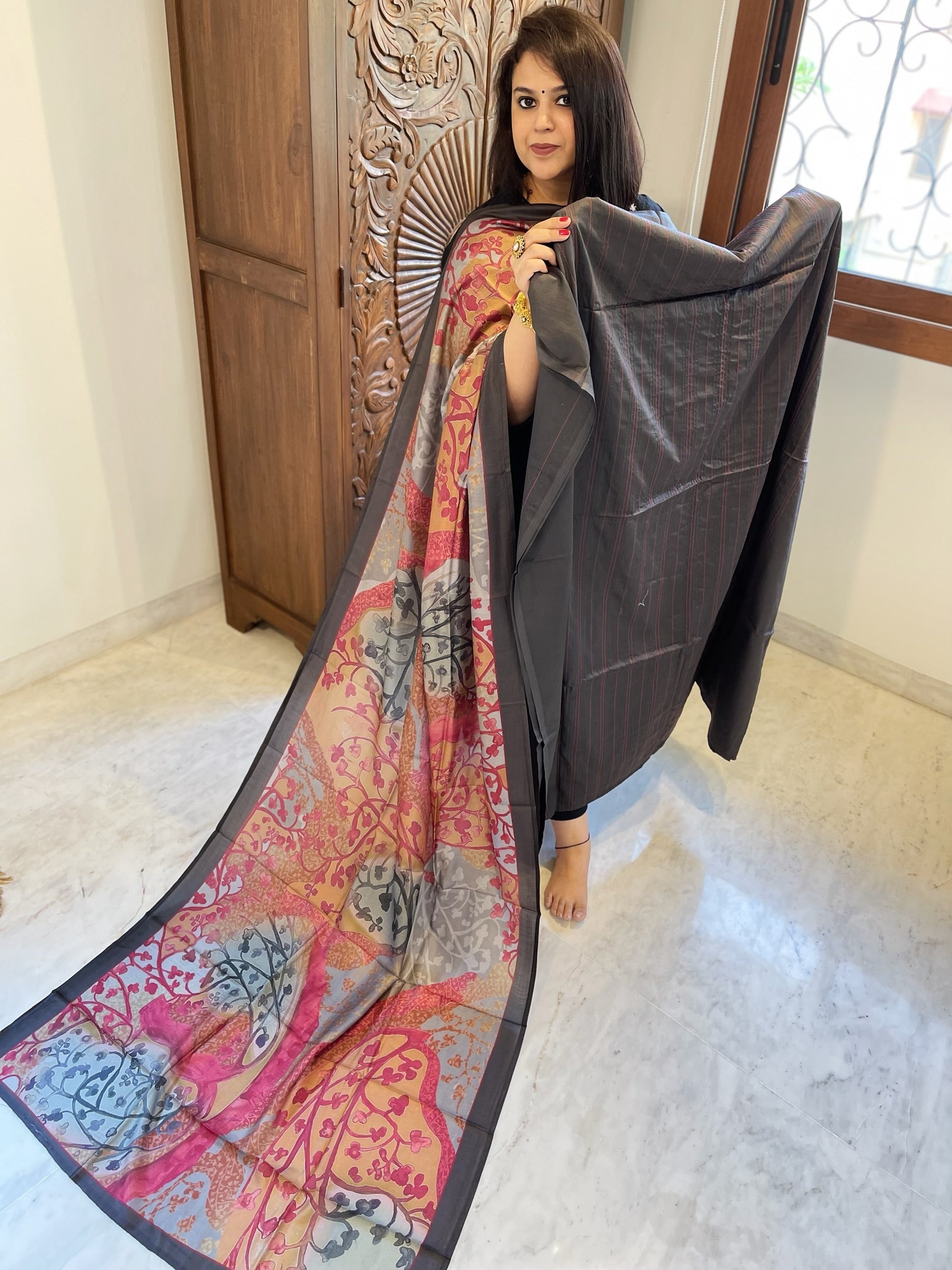 Dark Grey Suit Set with Kantha Stitch Work on Glazed Cotton - Masakalee