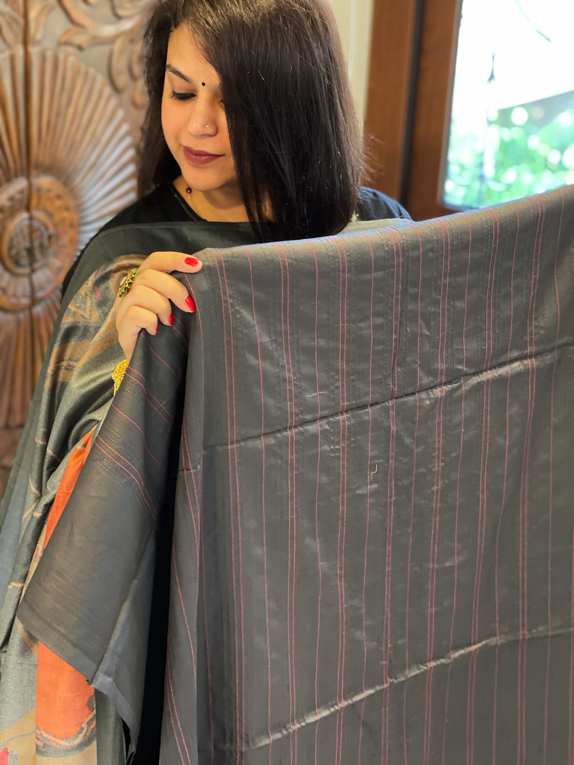 Dark Grey Suit Set with Kantha Stitch Work on Glazed Cotton - Masakalee